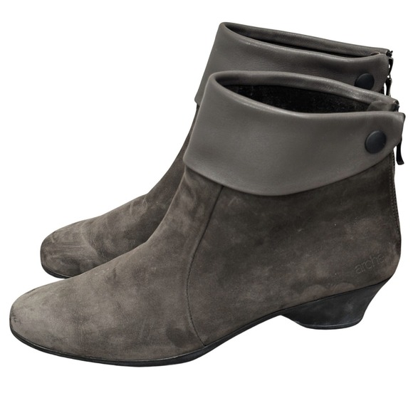 Arche Shoes - Arche France Calfskin Suede Leather Ankle Boots Taupe Gray Wedge Zip Booties 8.5